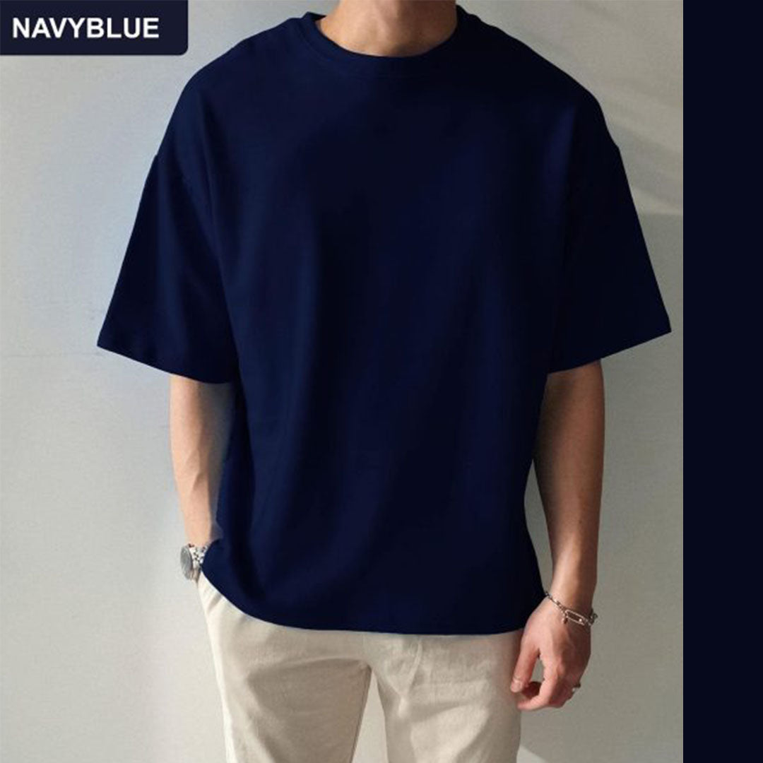 Solid Navy Blue Cotton Drop Shoulder T-Shirt