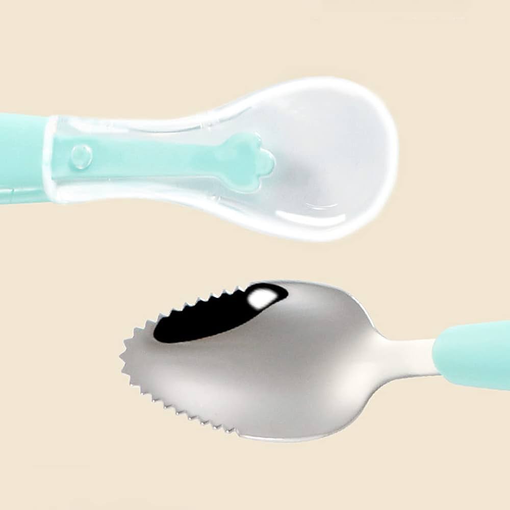 1pcs Multicolor New Design Double Head Scraper Mud Spoon Stainless Steel Fruit Mud Spoon Baby Silicone Spoon for Kids Feeding