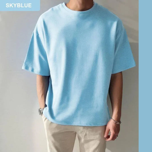 Solid Sky blue Cotton Drop Shoulder T-Shirt