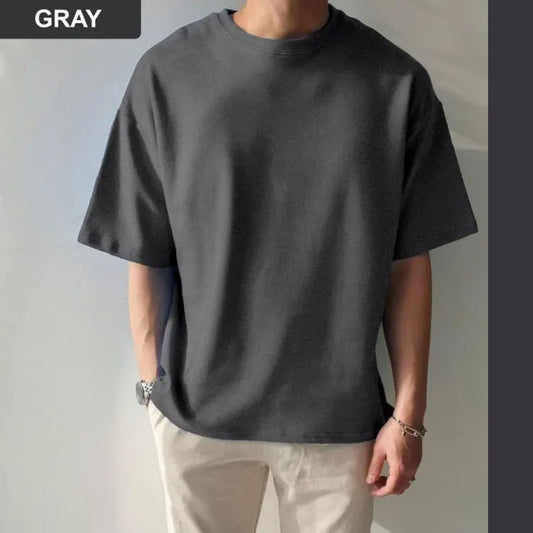 Solid Gray Cotton Drop Shoulder T-Shirt
