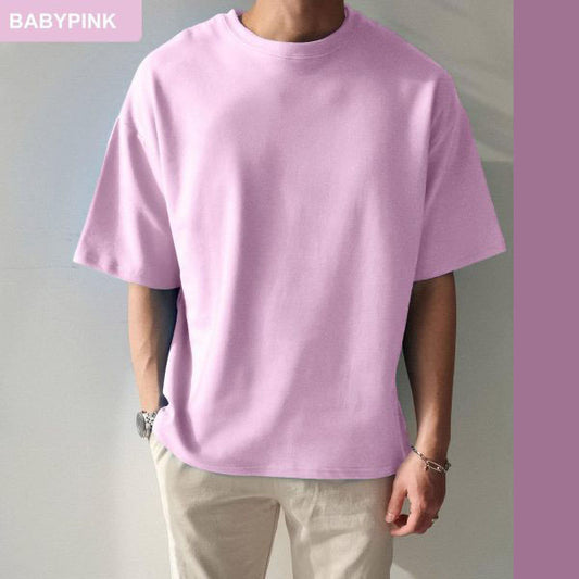 Solid Baby Pink Cotton Drop Shoulder T-Shirt