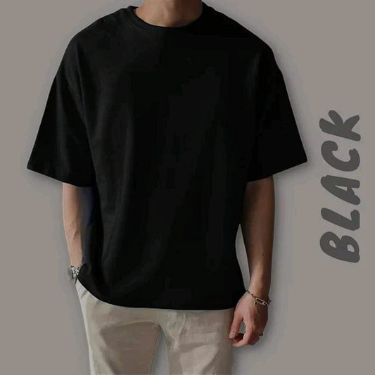 Solid Black Cotton Drop Shoulder T-Shirt