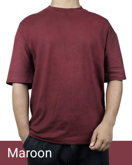 Solid Maroon Cotton Drop Shoulder T-Shirt