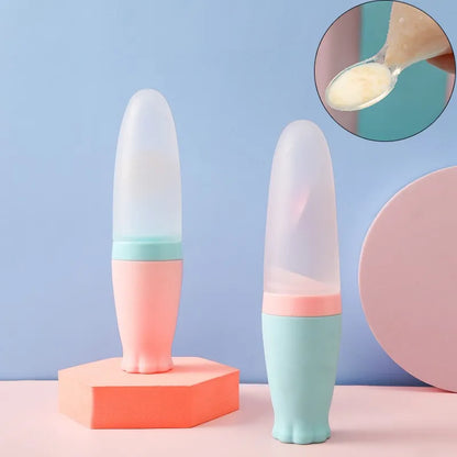 1pcs 110ml Soft Silicone Squeezing Feeding Bottle Cute Newborn Baby Training Rice Paste Spoon Infant Cereal Food Supplement Feeder for Toddler Infant Food Dispensing and Feeding (P-2129)