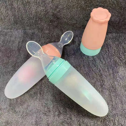 1pcs 110ml Soft Silicone Squeezing Feeding Bottle Cute Newborn Baby Training Rice Paste Spoon Infant Cereal Food Supplement Feeder for Toddler Infant Food Dispensing and Feeding (P-2129)