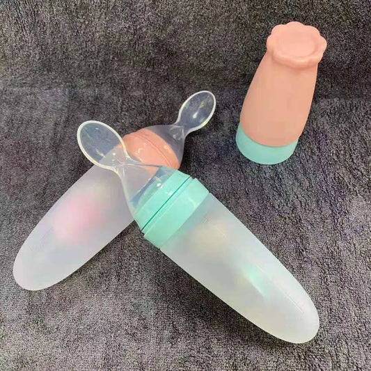 1pcs 110ml Soft Silicone Squeezing Feeding Bottle Cute Newborn Baby Training Rice Paste Spoon Infant Cereal Food Supplement Feeder for Toddler Infant Food Dispensing and Feeding (P-2129)