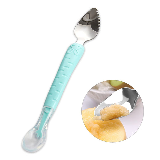 1pcs Multicolor New Design Double Head Scraper Mud Spoon Stainless Steel Fruit Mud Spoon Baby Silicone Spoon for Kids Feeding