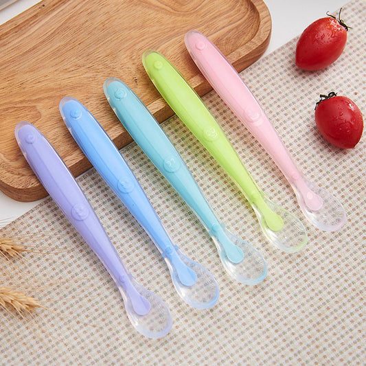 1pcs Multicolor Soft Head Cute Baby Silicone Spoon BPA Free Non-toxic Newborn Training Long Handle Baby Eating Spoon